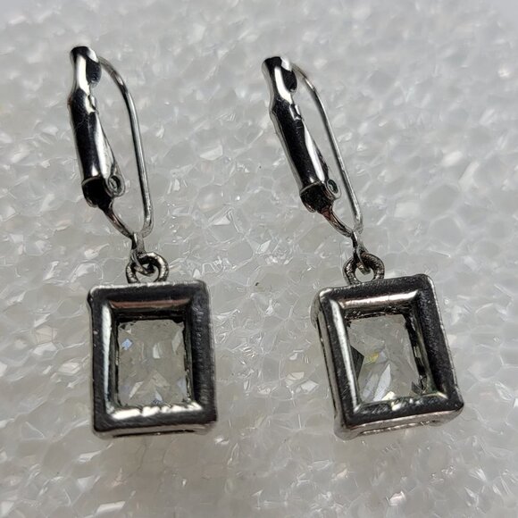 Silver Tone Princess Cut Simulated Diamond Dangle Earrings Lever Back Marked PA - Picture 4 of 6